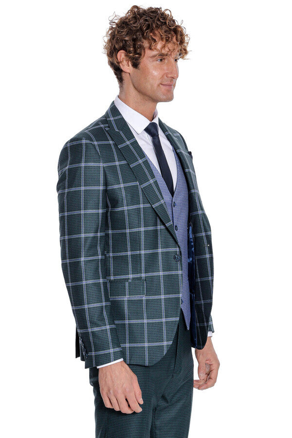 Checked Patterned Slim Fit Green Men Suit - Wessi