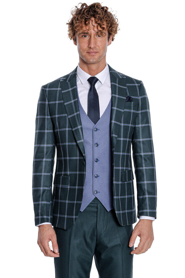 Checked Patterned Slim Fit Green Men Suit - Wessi