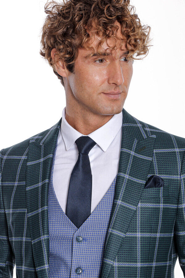 Checked Patterned Slim Fit Green Men Suit - Wessi