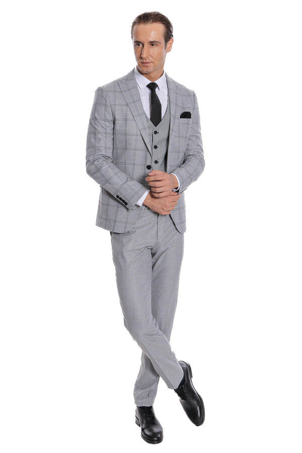 Checked Patterned Slim Fit Grey Men Suit - Wessi