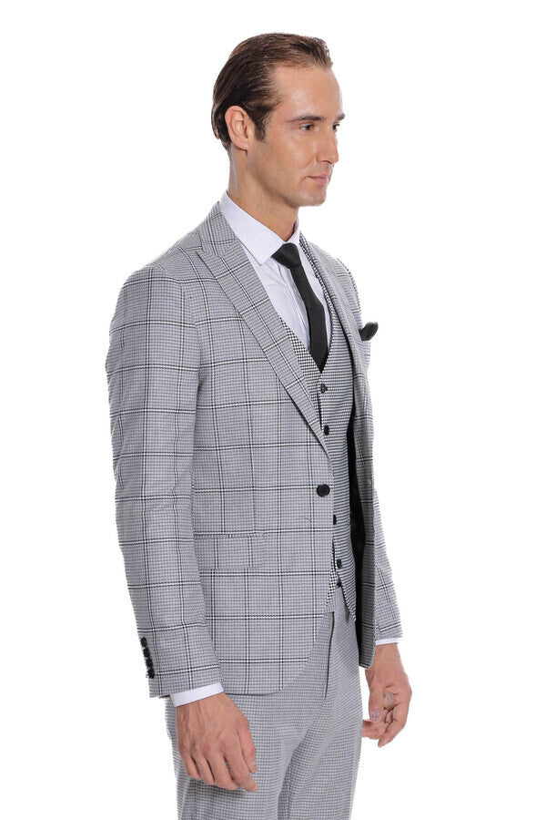 Checked Patterned Slim Fit Grey Men Suit - Wessi