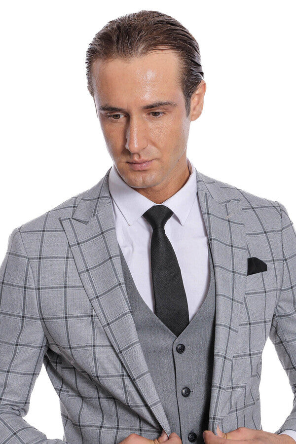 Checked Patterned Slim Fit Grey Men Suit - Wessi