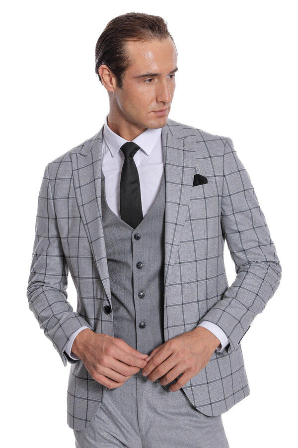 Checked Patterned Slim Fit Grey Men Suit - Wessi