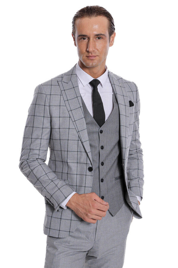 Checked Patterned Slim Fit Grey Men Suit - Wessi