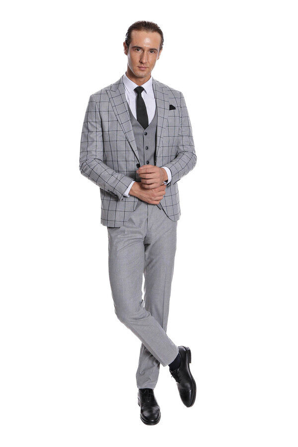 Checked Patterned Slim Fit Grey Men Suit - Wessi