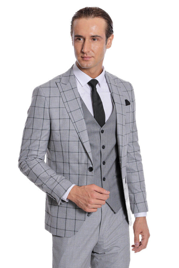 Checked Patterned Slim Fit Grey Men Suit - Wessi