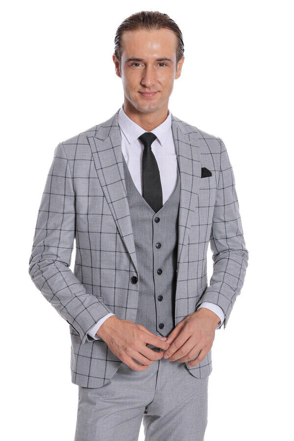 Checked Patterned Slim Fit Grey Men Suit - Wessi