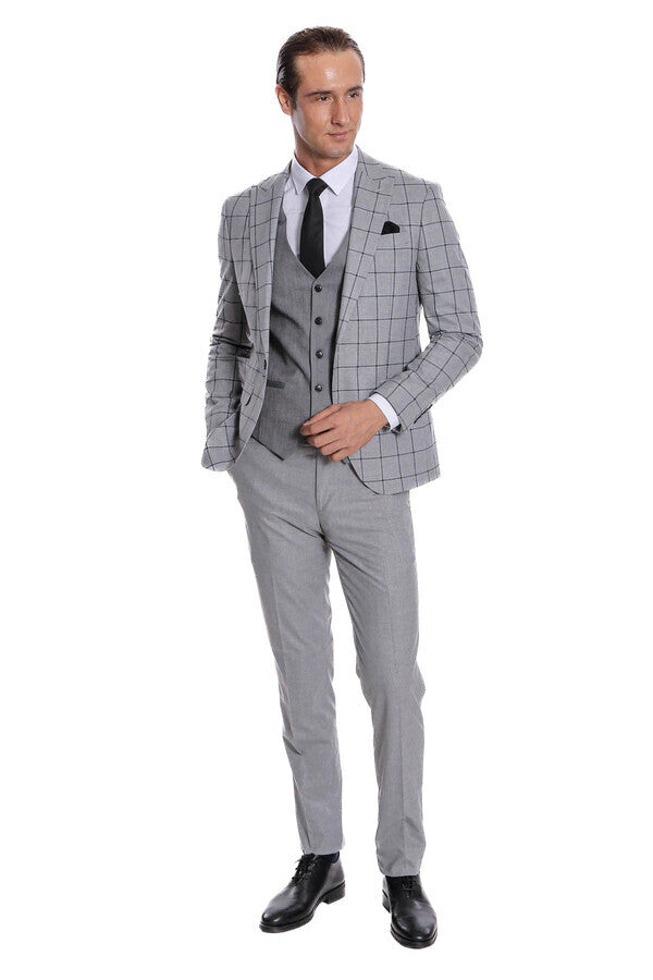 Checked Patterned Slim Fit Grey Men Suit - Wessi