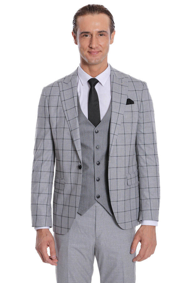 Checked Patterned Slim Fit Grey Men Suit - Wessi