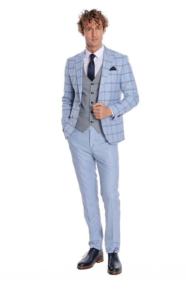 Checked Patterned Slim Fit Light Blue Men Suit - Wessi