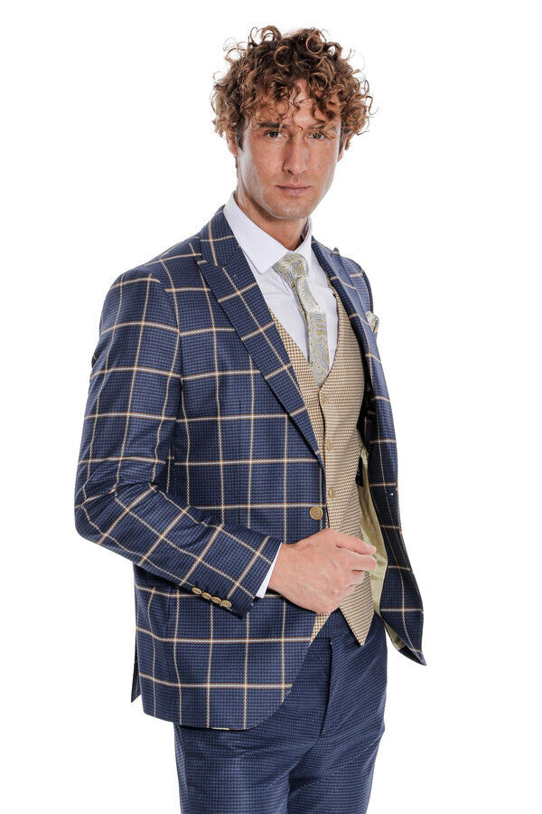 Checked Patterned Slim Fit Navy Blue Men Suit - Wessi