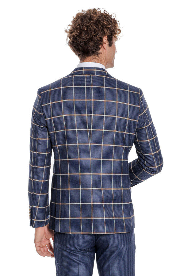 Checked Patterned Slim Fit Navy Blue Men Suit - Wessi