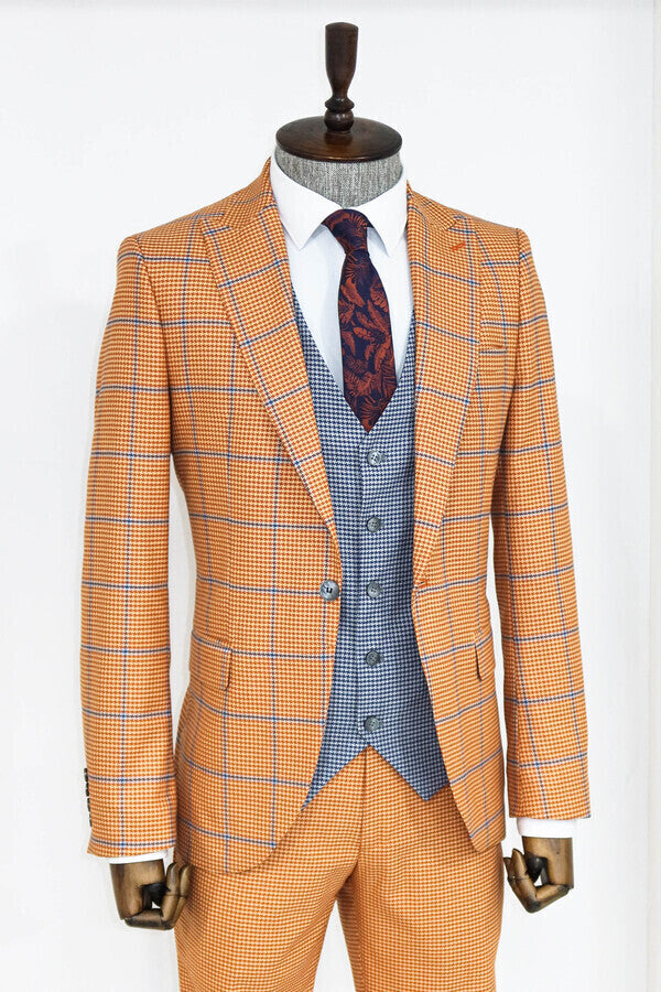 Checked Patterned Slim Fit Orange Men Suit - Wessi