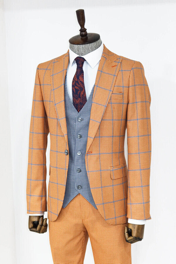 Checked Patterned Slim Fit Orange Men Suit - Wessi