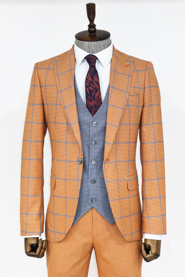 Checked Patterned Slim Fit Orange Men Suit - Wessi