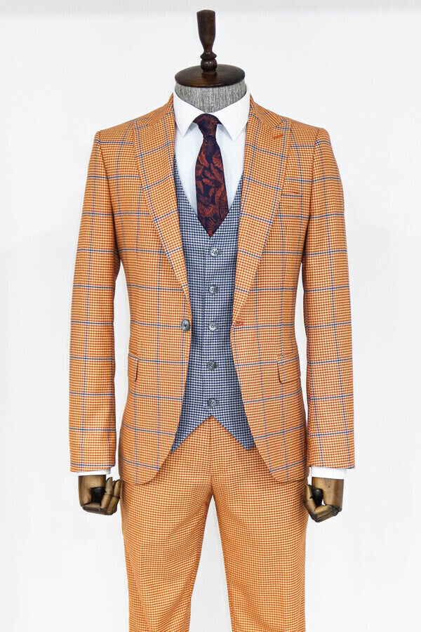 Checked Patterned Slim Fit Orange Men Suit - Wessi