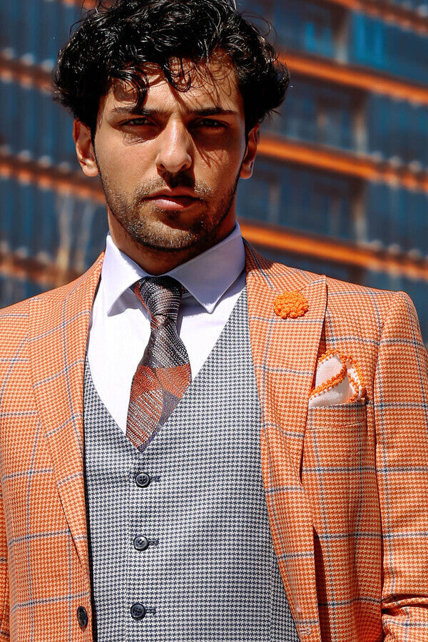 Traje de hombre entallado de color naranja con estampado de cuadros - Wessi