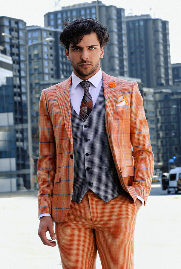 Traje de hombre entallado de color naranja con estampado de cuadros - Wessi