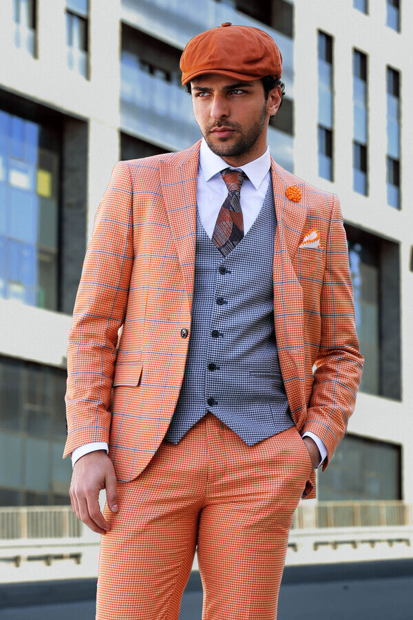 Traje de hombre entallado de color naranja con estampado de cuadros - Wessi