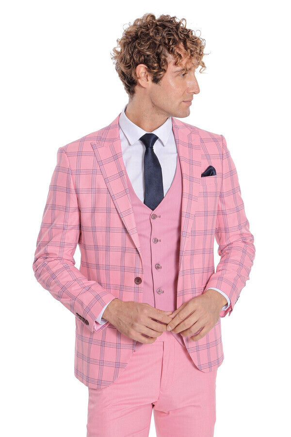 Traje de hombre entallado con estampado de cuadros en color rosa - Wessi