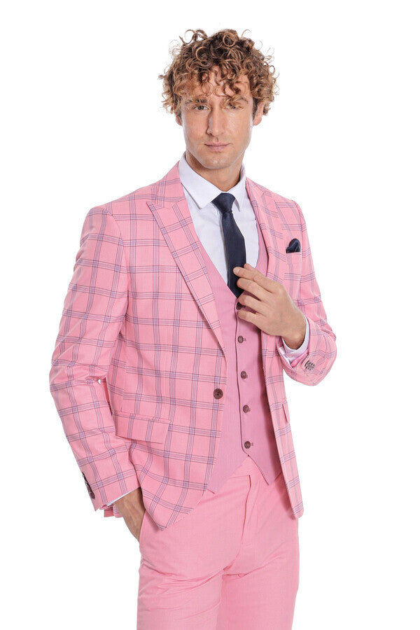 Traje de hombre entallado con estampado de cuadros en color rosa - Wessi