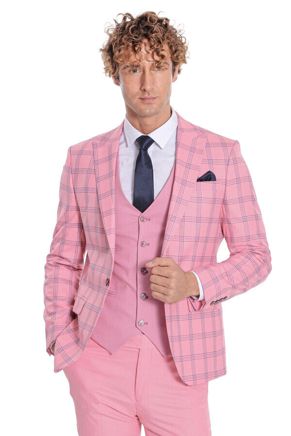 Checked Patterned Slim Fit Pink Men Suit - Wessi