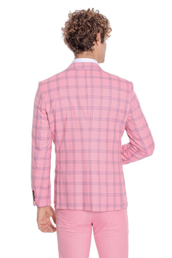 Traje de hombre entallado con estampado de cuadros en color rosa - Wessi