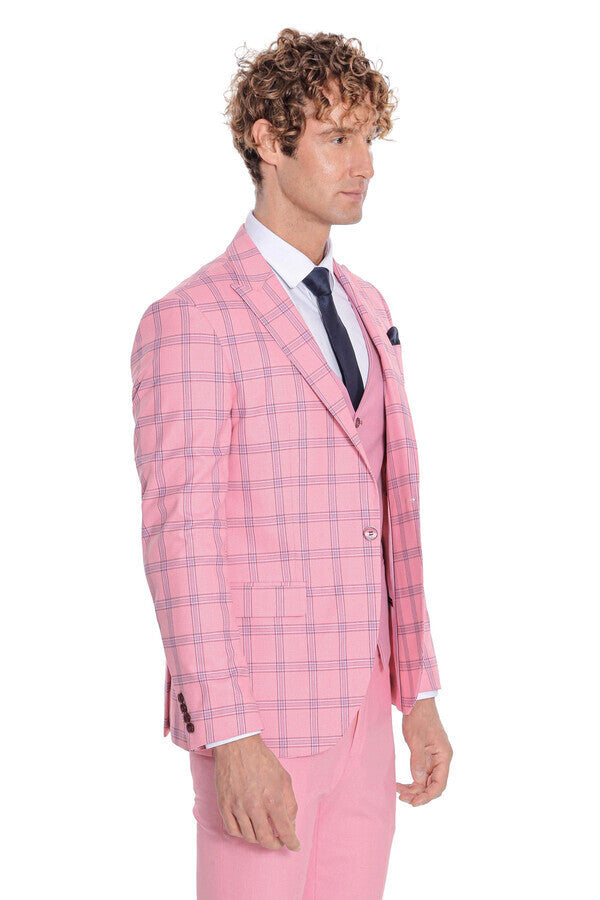 Checked Patterned Slim Fit Pink Men Suit - Wessi