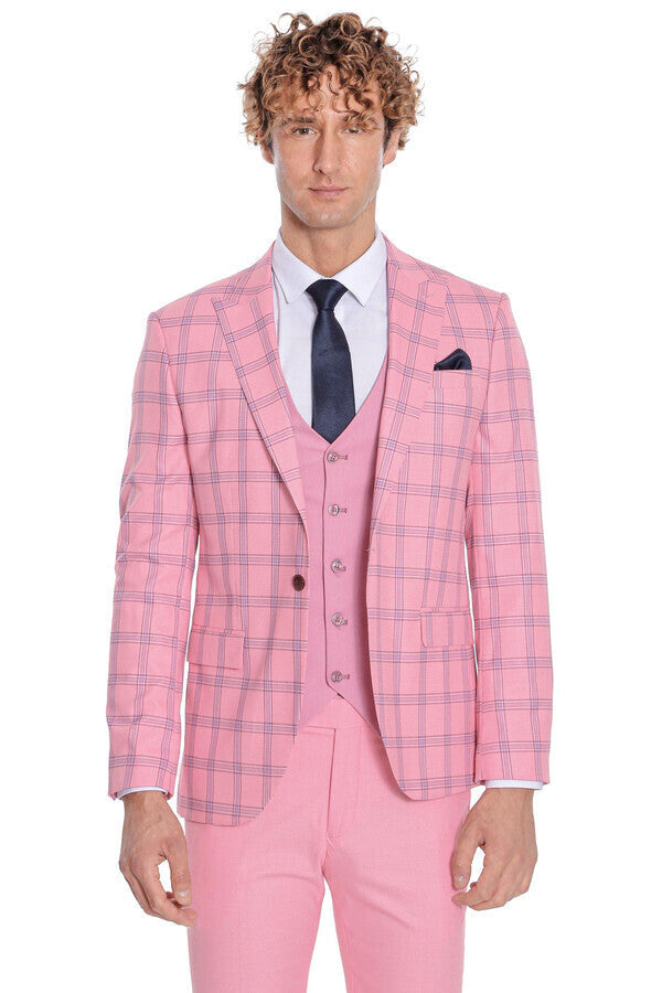 Traje de hombre entallado con estampado de cuadros en color rosa - Wessi