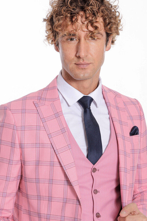 Checked Patterned Slim Fit Pink Men Suit - Wessi