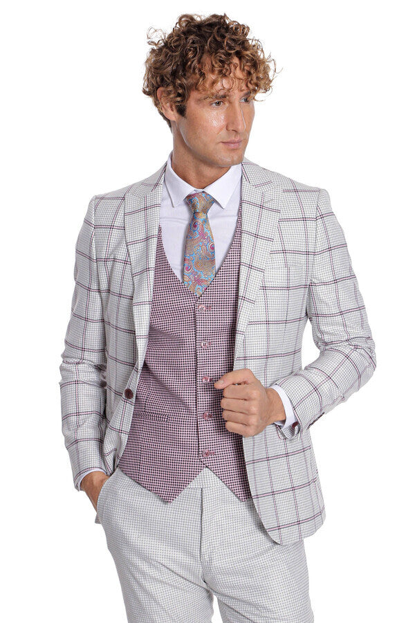 Checked Patterned Vested Light Grey Men Suit - Wessi