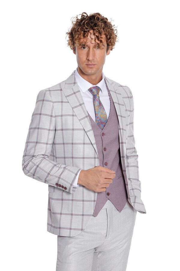 Traje de hombre gris claro con estampado de cuadros y chaleco - Wessi