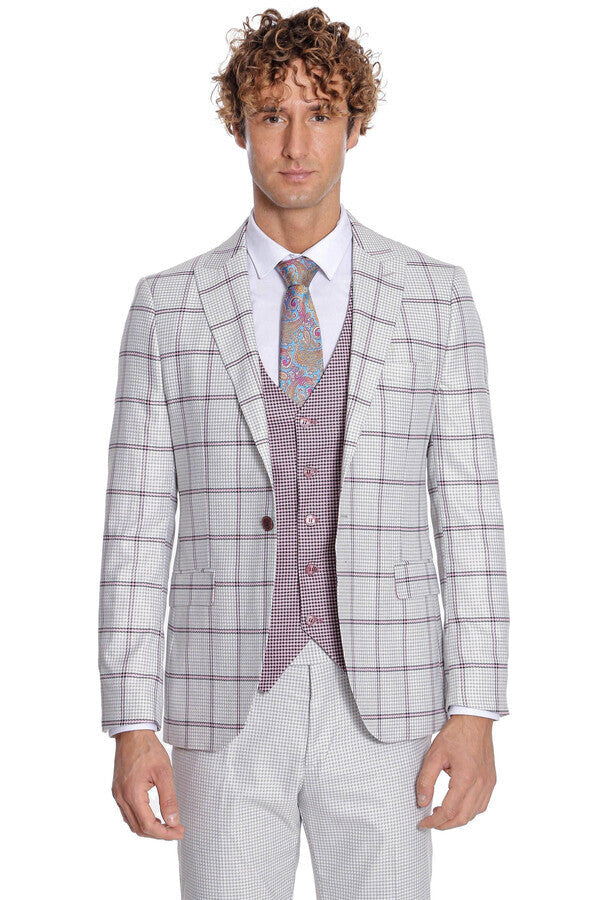 Checked Patterned Vested Light Grey Men Suit - Wessi