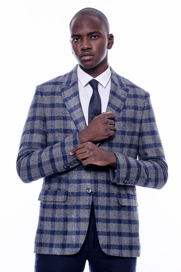 Checked Peak Lapel Slim-Fit Blue Men Blazer - Wessi