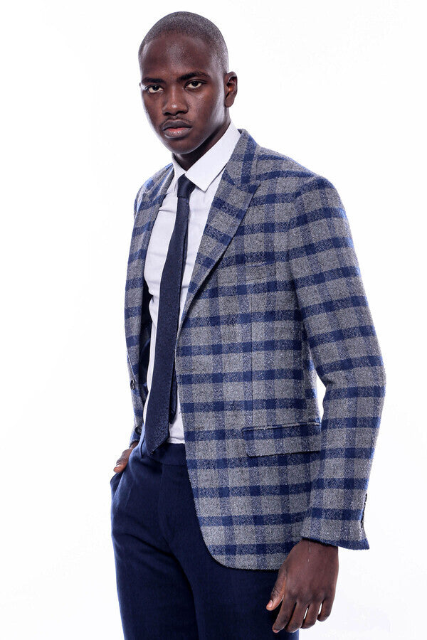 Checked Peak Lapel Slim-Fit Blue Men Blazer - Wessi