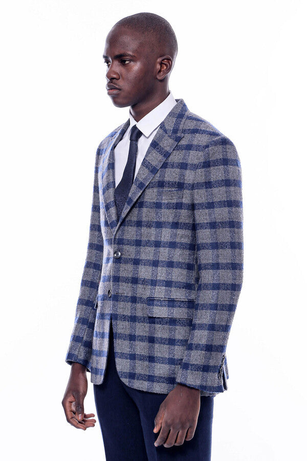 Checked Peak Lapel Slim-Fit Blue Men Blazer - Wessi