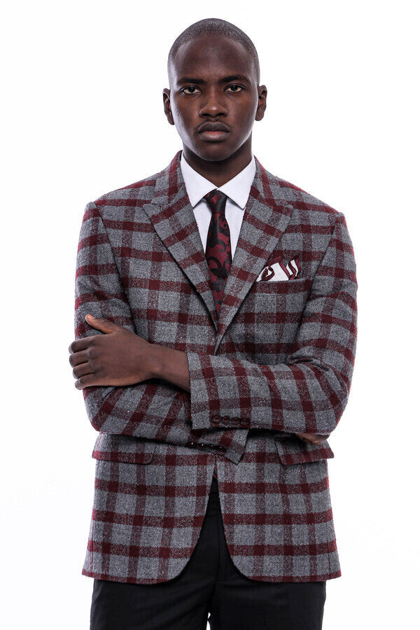 Checked Peak Lapel Slim-Fit Burgundy Men Blazer - Wessi