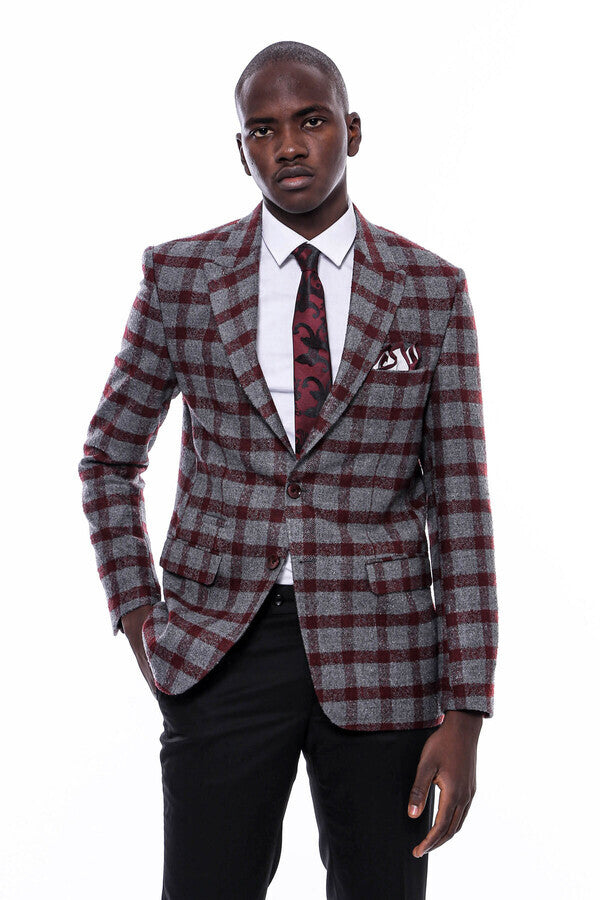 Checked Peak Lapel Slim-Fit Burgundy Men Blazer - Wessi