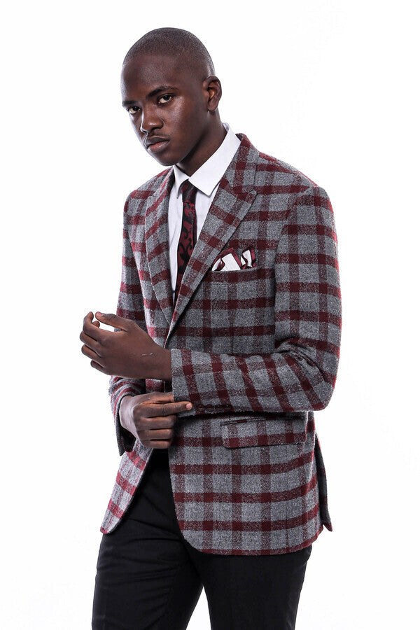 Checked Peak Lapel Slim-Fit Burgundy Men Blazer - Wessi