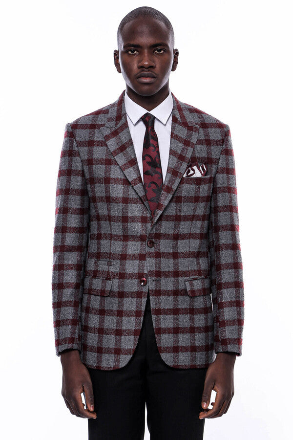 Checked Peak Lapel Slim-Fit Burgundy Men Blazer - Wessi