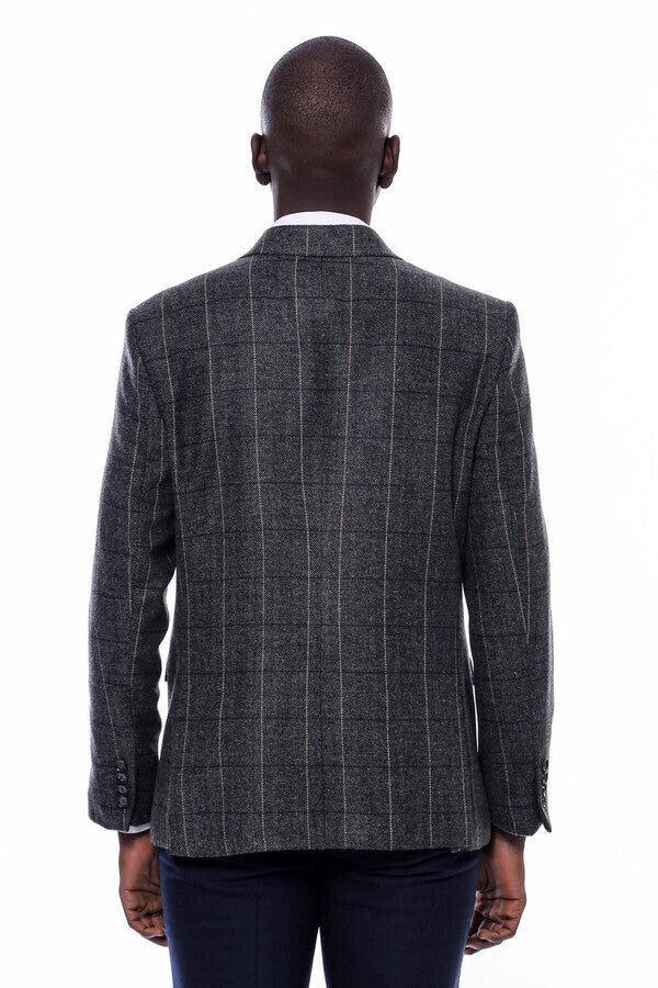 Checked Peak Lapel Slim-Fit Dark Grey Men Blazer - Wessi