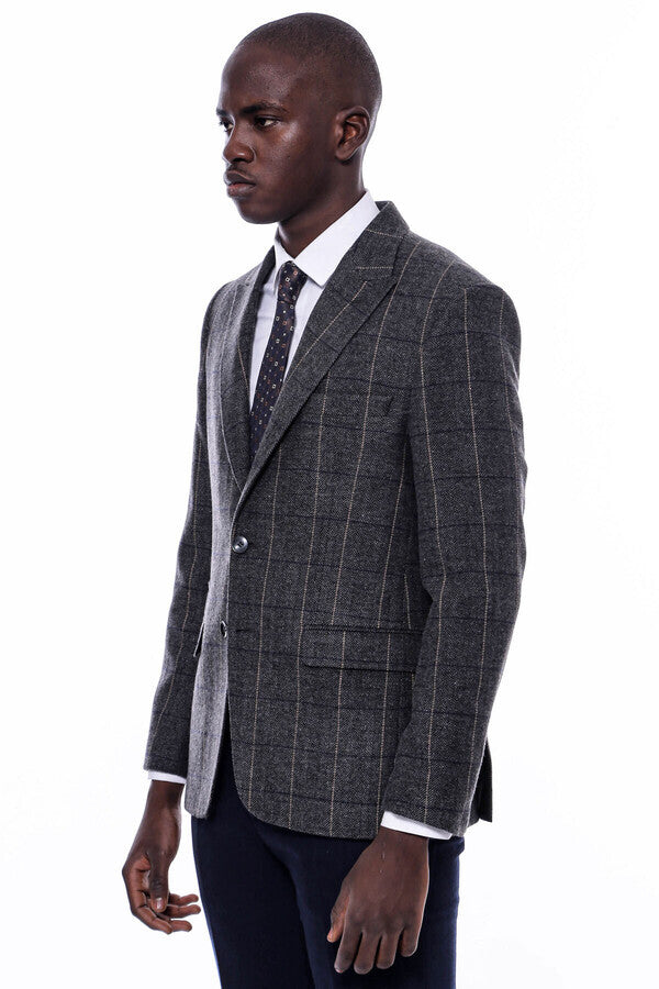 Checked Peak Lapel Slim-Fit Dark Grey Men Blazer - Wessi