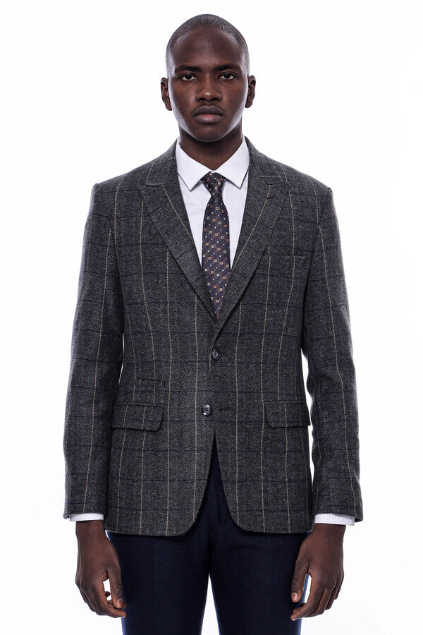 Checked Peak Lapel Slim-Fit Dark Grey Men Blazer - Wessi