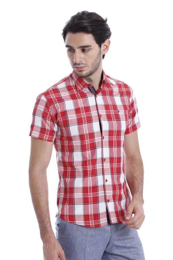 Checked Short Sleeve Burgundy Men Shirt - Wessi