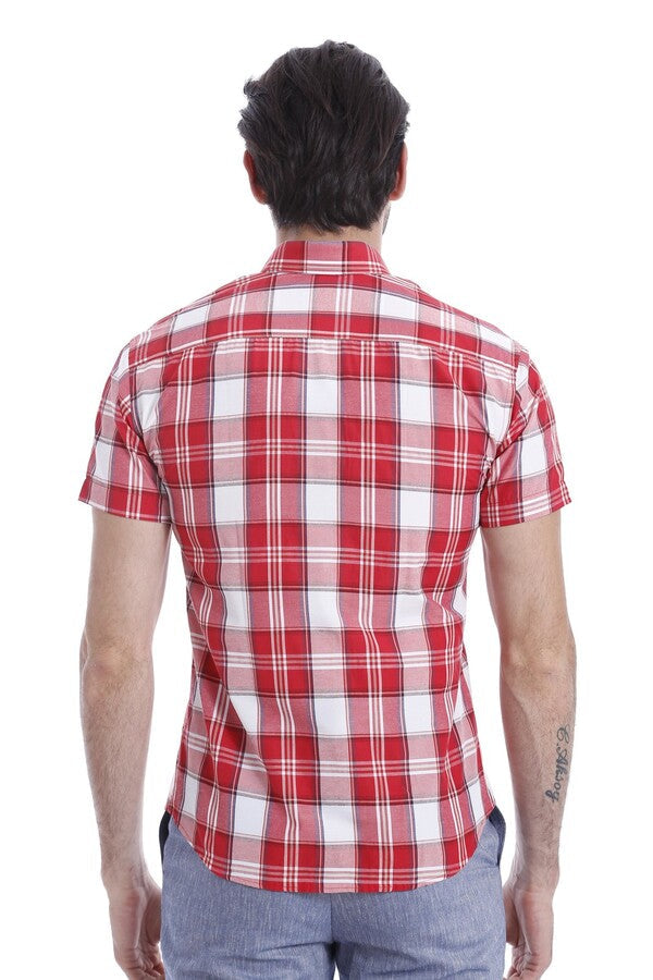 Checked Short Sleeve Burgundy Men Shirt - Wessi