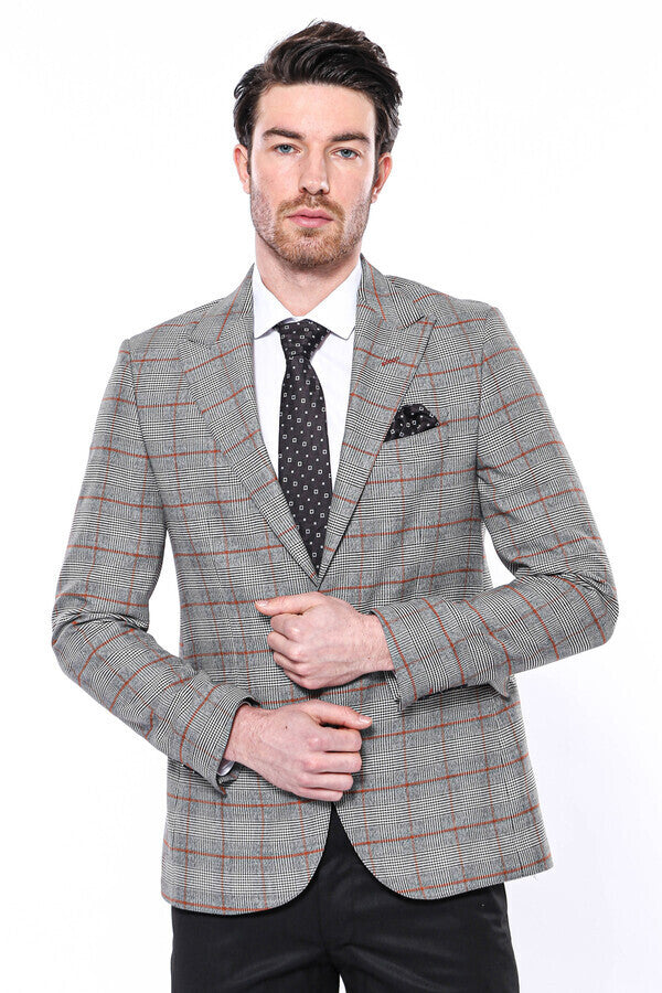 Checked Single Button Slim Fit Grey Men Blazer - Wessi