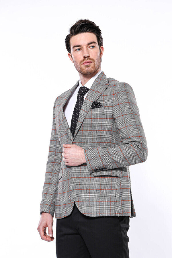 Checked Single Button Slim Fit Grey Men Blazer - Wessi