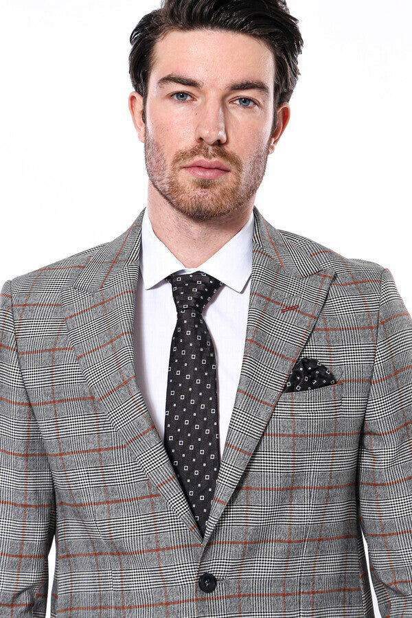 Checked Single Button Slim Fit Grey Men Blazer - Wessi