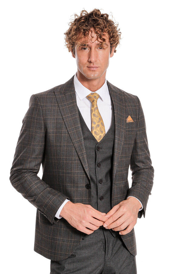 Checked Slim Fit Anthracite Men Suit - Wessi