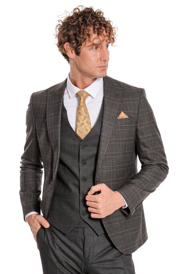 Checked Slim Fit Anthracite Men Suit - Wessi